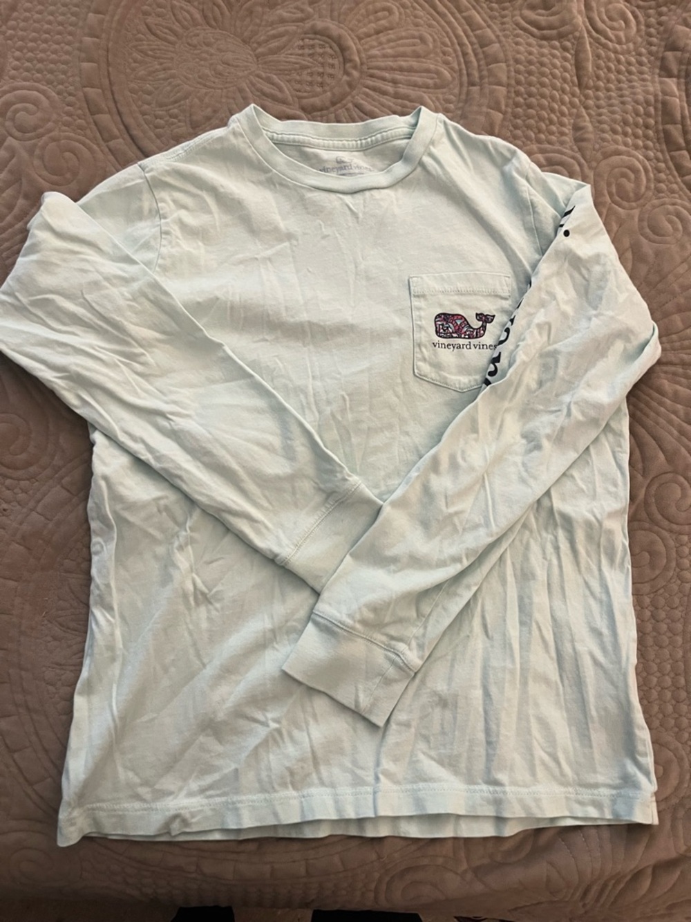 Vineyard Vines Pale Blue Long Sleeve Pocket Tee with Whale Patch